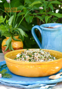 assiette de salade de petit épeautre avec feta, olives et herbes fraîches